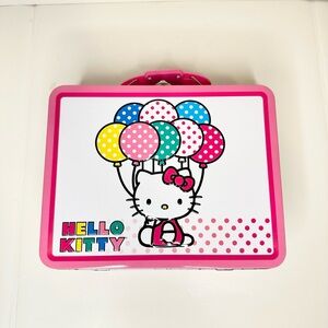 Hello Kitty Sanrio Tin Lunch Box Case Pink Handle Balloon Design 2010